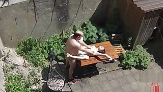 Voyeurs Filming Nubile Bitch Fucking With Old Janitors On The Terrace